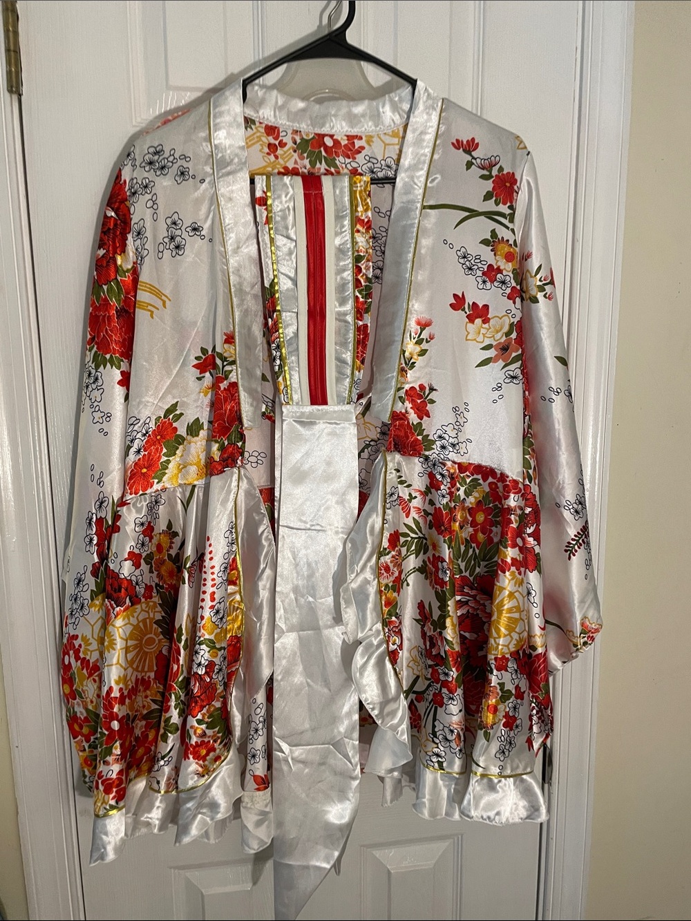 Private Party Asian Ruffle Kimono with Cumberbund-White Satin Red Bouquets S/M